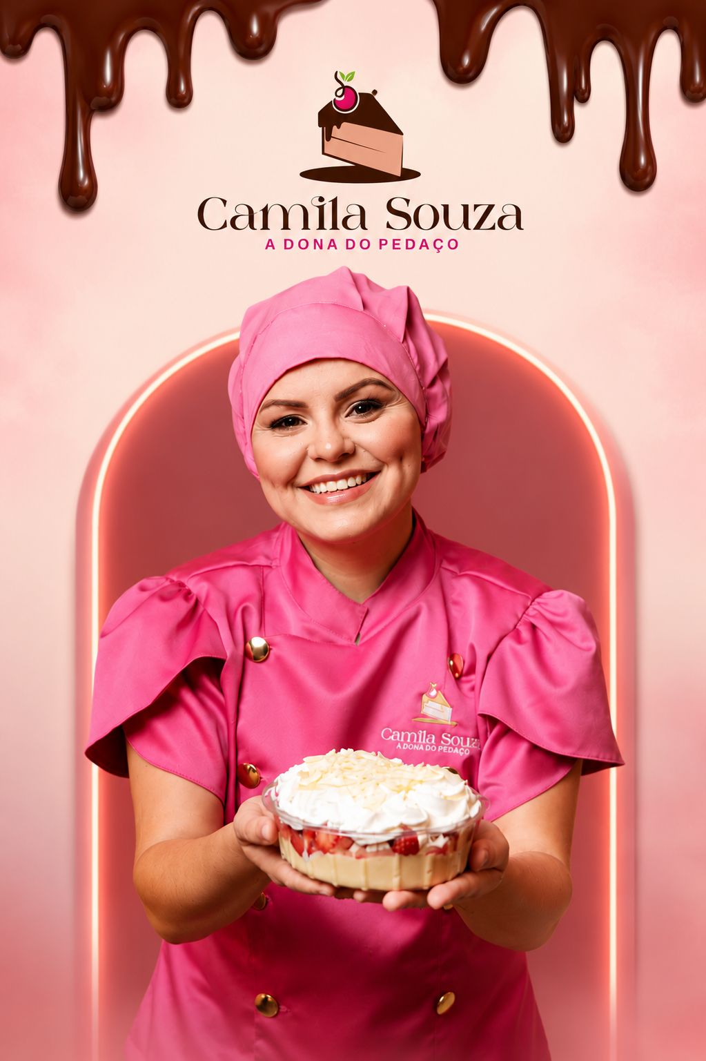 A confeiteira A Dona do Pedaço segurando um bolo artesanal
