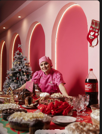 Mesa de doces natalinos com confeiteira A Dona do Pedaço